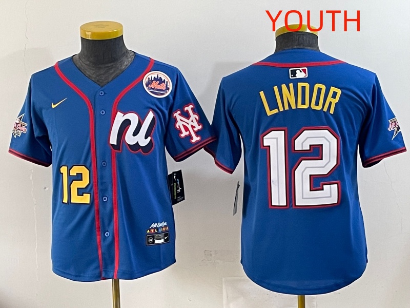 Youth 2025 New York Mets 12 Lindor Blue All star Nike MLB Jersey style 3